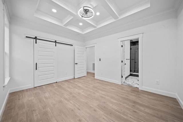 1205 Ramona Dr, Belton, SC 29627 - unfurnished bedroom featuring a barn door, ornamental molding, coffered ceiling, beam ceiling, and light wood-style flooring