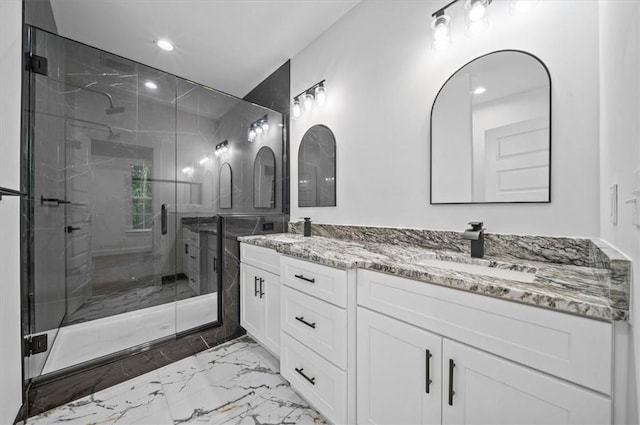 1205 Ramona Dr, Belton, SC 29627 - bathroom with marble look tile flooring, double vanity, a marble finish shower, and recessed lighting
