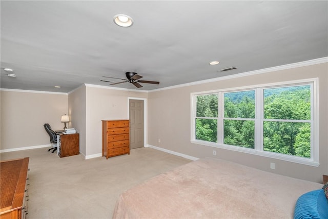 209 Falcon Crest Way, Pickens, SC 29671 - unfurnished bedroom featuring light carpet, an office area, recessed lighting, crown molding, and a ceiling fan