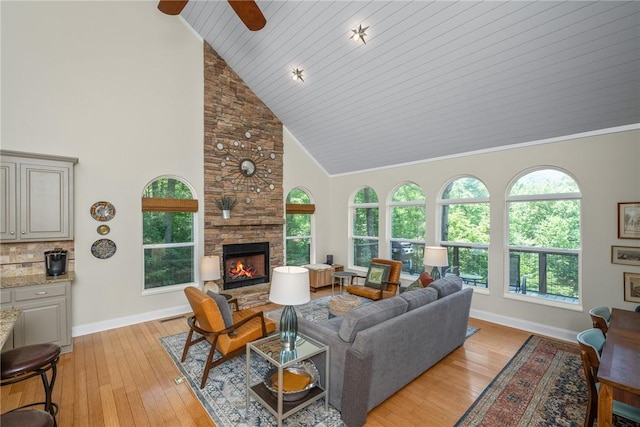 209 Falcon Crest Way, Pickens, SC 29671 - living room featuring high vaulted ceiling, a fireplace, light wood-style floors, and ceiling fan