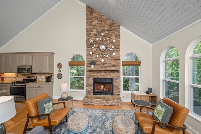209 Falcon Crest Way, Pickens, SC 29671 - living room featuring high vaulted ceiling, plenty of natural light, light wood finished floors, a stone fireplace, and crown molding