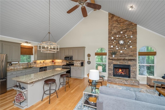 209 Falcon Crest Way, Pickens, SC 29671 - kitchen featuring gray cabinetry, appliances with stainless steel finishes, high vaulted ceiling, open floor plan, and a breakfast bar area