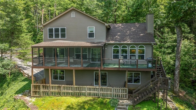 209 Falcon Crest Way, Pickens, SC 29671 - rear view of property with stairs, a sunroom, a chimney, a shingled roof, and a forest view