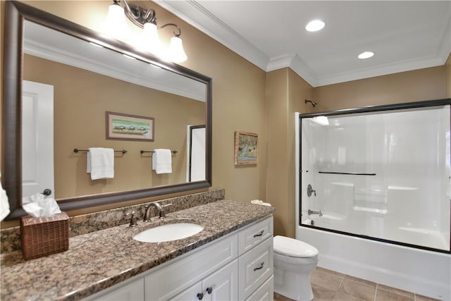 124 Pineridge Pointe Dr, Seneca, SC 29672 - full bath featuring crown molding, vanity, shower / bath combination with glass door, tile patterned flooring, and recessed lighting