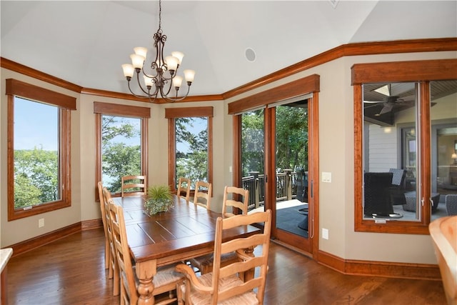 124 Pineridge Pointe Dr, Seneca, SC 29672 - dining room featuring vaulted ceiling, wood finished floors, a chandelier, and ornamental molding