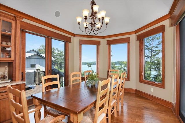 124 Pineridge Pointe Dr, Seneca, SC 29672 - dining room featuring plenty of natural light, a chandelier, light wood-style flooring, and ornamental molding