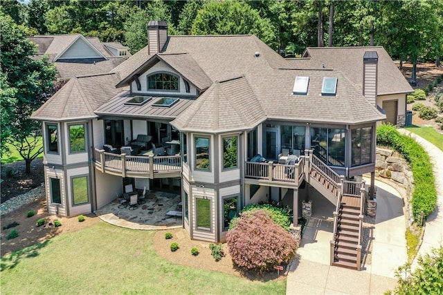 124 Pineridge Pointe Dr, Seneca, SC 29672 - back of property with roof with shingles, a chimney, a sunroom, stairway, and a patio