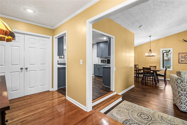7 Drifter Ln, Salem, SC 29676 - entrance foyer featuring a textured ceiling, dark wood-type flooring, a chandelier, ornamental molding, and vaulted ceiling