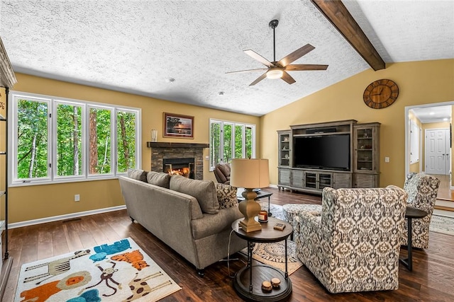 7 Drifter Ln, Salem, SC 29676 - living area featuring a ceiling fan, hardwood / wood-style flooring, a stone fireplace, and a textured ceiling