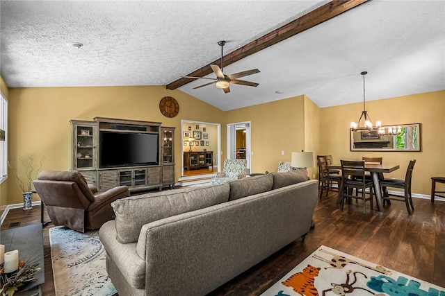 7 Drifter Ln, Salem, SC 29676 - living room featuring a chandelier, dark wood-style floors, ceiling fan, and a textured ceiling