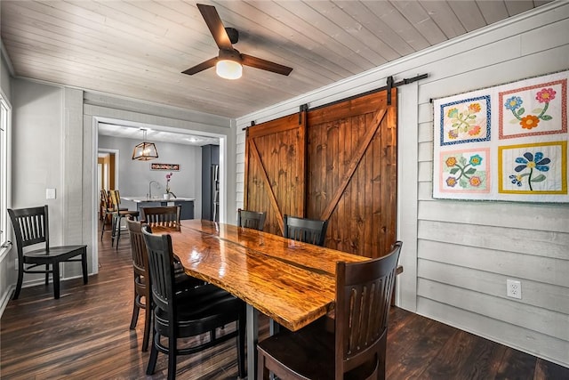 7 Drifter Ln, Salem, SC 29676 - dining space with a barn door, dark wood-style floors, ceiling fan, and wood ceiling