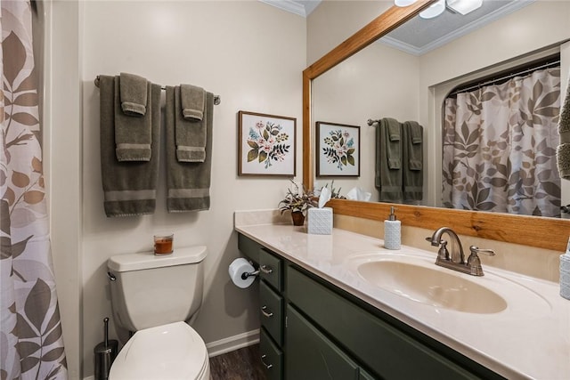 7 Drifter Ln, Salem, SC 29676 - bathroom with ornamental molding, vanity, wood finished floors, and curtained shower