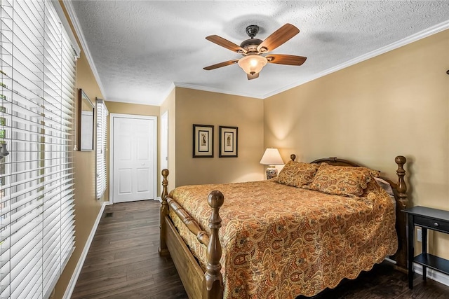 7 Drifter Ln, Salem, SC 29676 - bedroom featuring dark wood-type flooring, a textured ceiling, crown molding, and ceiling fan