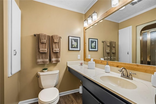7 Drifter Ln, Salem, SC 29676 - full bathroom featuring crown molding, wood finished floors, vanity, and an enclosed shower