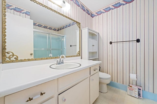 200 Camille St, Easley, SC 29642 - full bathroom with wallpapered walls, vanity, a shower with door, and tile patterned flooring