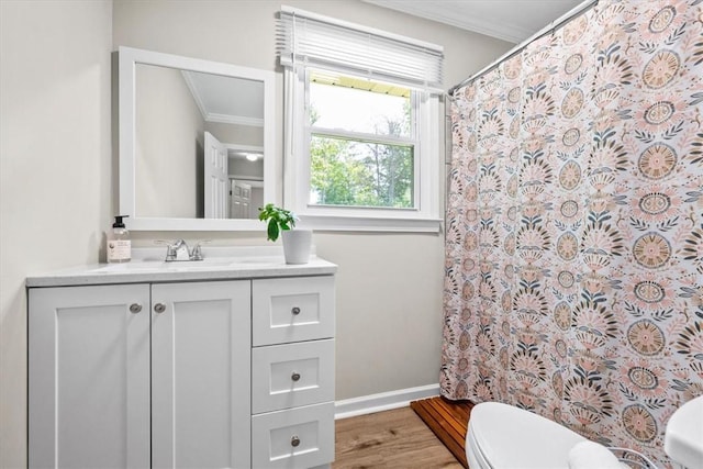 215 Ridgecrest Dr, Easley, SC 29640 - full bathroom with crown molding, vanity, wood finished floors, and curtained shower