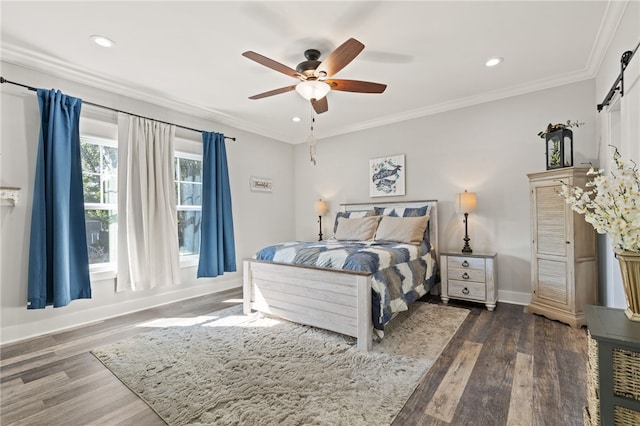 500 Serria Way, Seneca, SC 29678 - bedroom featuring wood finished floors, a barn door, crown molding, recessed lighting, and a ceiling fan