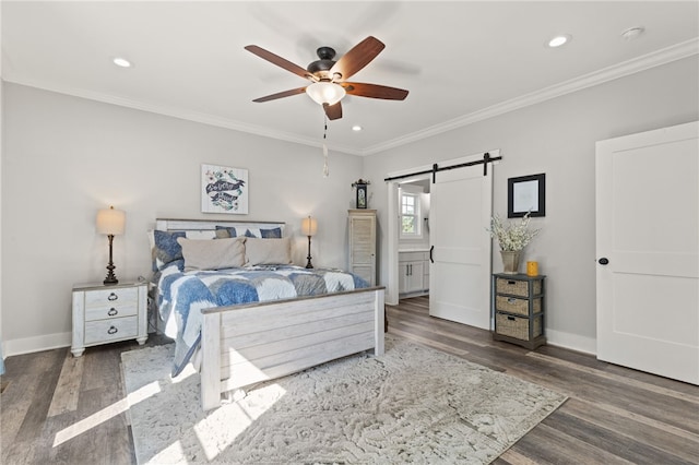 500 Serria Way, Seneca, SC 29678 - bedroom featuring a barn door, wood finished floors, crown molding, recessed lighting, and ceiling fan