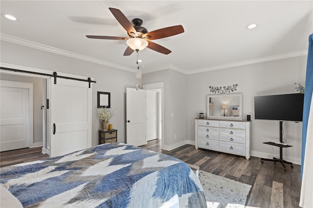 500 Serria Way, Seneca, SC 29678 - bedroom featuring a barn door, crown molding, dark wood-style floors, recessed lighting, and ceiling fan