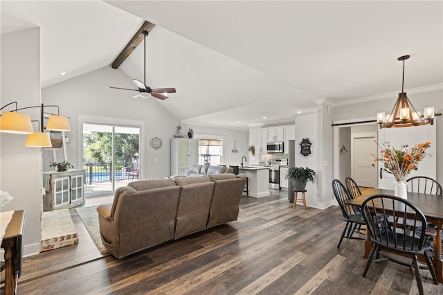 500 Serria Way, Seneca, SC 29678 - living area featuring a ceiling fan, dark wood-style flooring, recessed lighting, a chandelier, and ornamental molding