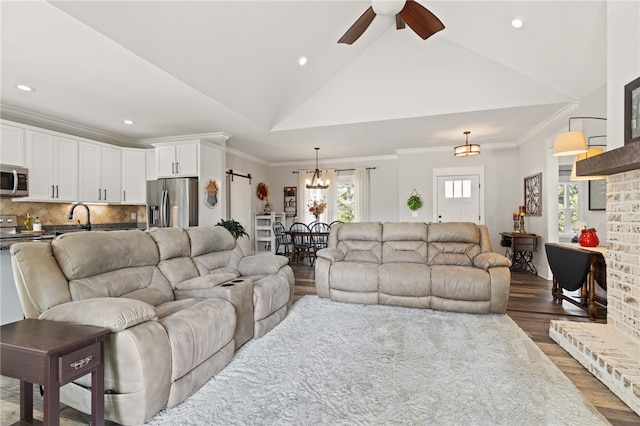 500 Serria Way, Seneca, SC 29678 - living room with ceiling fan, dark wood-style floors, a chandelier, recessed lighting, and lofted ceiling