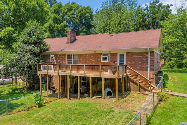 1399 Lake Jemiki Rd, Walhalla, SC 29691 - back of property with a wooden deck, brick siding, a chimney, a fenced backyard, and stairway