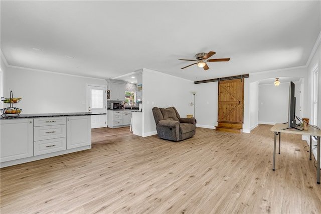 1399 Lake Jemiki Rd, Walhalla, SC 29691 - living area featuring a barn door, ornamental molding, a ceiling fan, and light wood finished floors