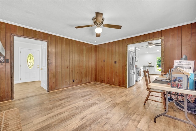 1399 Lake Jemiki Rd, Walhalla, SC 29691 - office with ornamental molding, ceiling fan, wooden walls, and light wood-style floors
