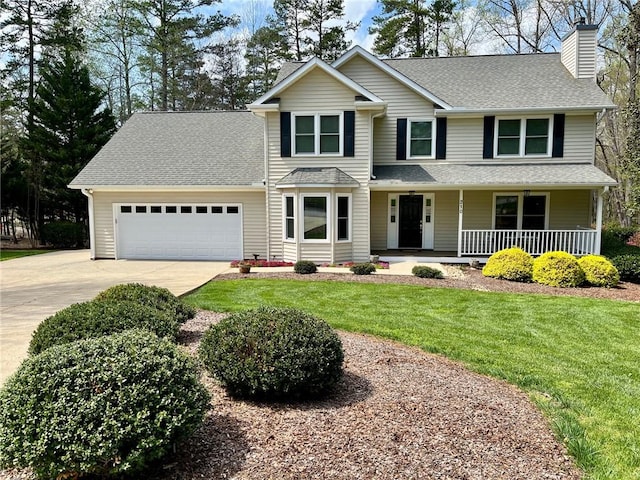 210 Wakefield Dr, Seneca, SC 29678 - view of front of property featuring an attached garage, driveway, roof with shingles, a porch, and a chimney
