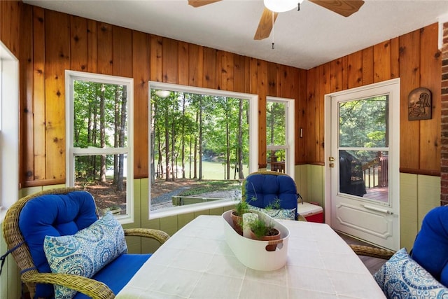 200 Mullins Ford Landing Rd, Westminster, SC 29693 - dining area featuring ceiling fan and wood walls