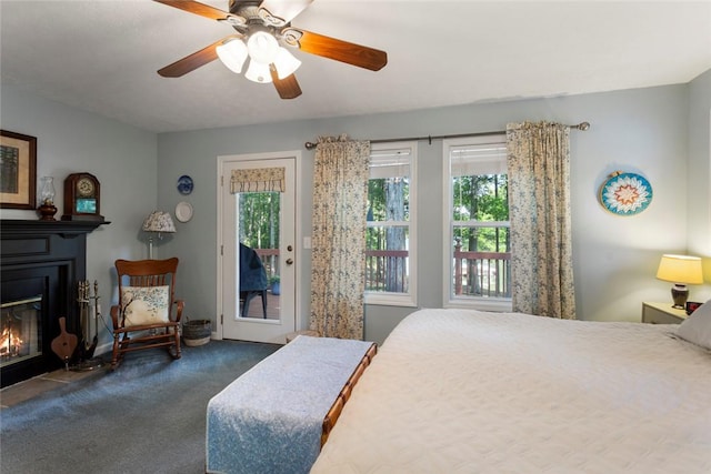 200 Mullins Ford Landing Rd, Westminster, SC 29693 - carpeted bedroom featuring access to outside, a glass covered fireplace, and a ceiling fan