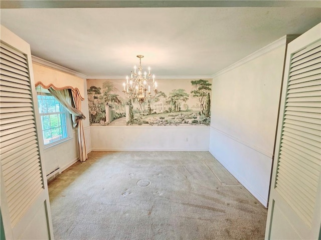 150 Prater Dr, Seneca, SC 29678 - unfurnished dining area featuring carpet, a baseboard heating unit, a chandelier, and crown molding