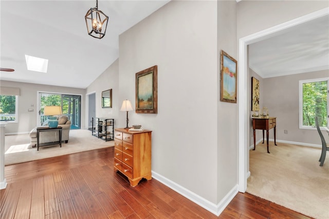 4 Slack Tide Ct, Salem, SC 29676 - hall featuring a skylight, plenty of natural light, dark wood-style floors, vaulted ceiling, and a chandelier