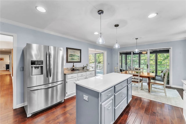 4 Slack Tide Ct, Salem, SC 29676 - kitchen with stainless steel fridge, light countertops, healthy amount of natural light, a center island, and crown molding