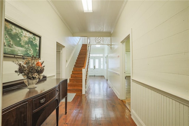200 W N 1st St, Seneca, SC 29678 - hallway with ornamental molding, dark wood-type flooring, and stairway