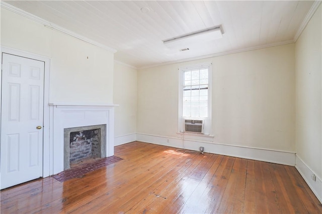 200 W N 1st St, Seneca, SC 29678 - unfurnished living room with ornamental molding, hardwood / wood-style flooring, a fireplace with flush hearth, and cooling unit