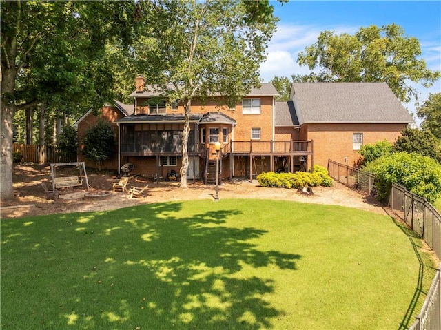 105 Wren Crossing Ct, Easley, SC 29642 - back of house with stairway, a wooden deck, a fenced backyard, and a chimney