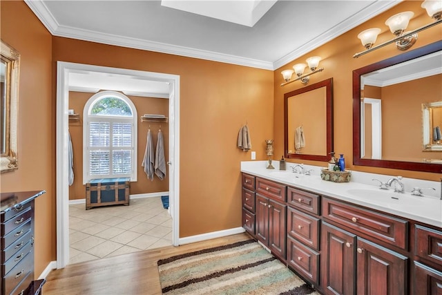 105 Wren Crossing Ct, Easley, SC 29642 - full bathroom with double vanity, wood finished floors, ornamental molding, and a skylight