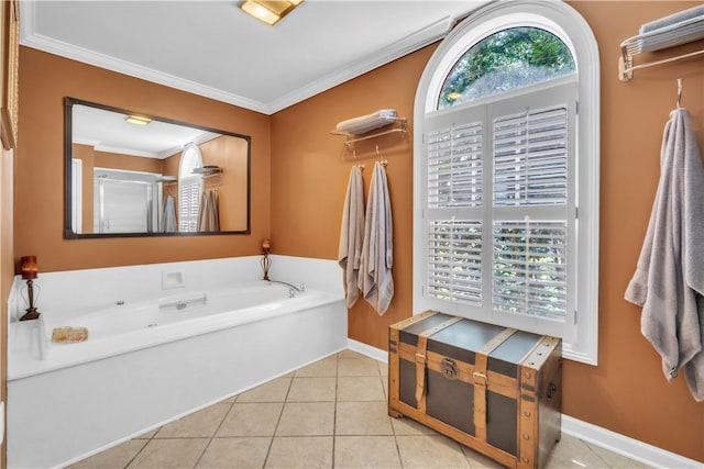 105 Wren Crossing Ct, Easley, SC 29642 - full bathroom featuring tile patterned floors, crown molding, and a garden tub