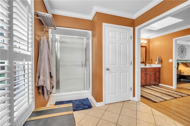 105 Wren Crossing Ct, Easley, SC 29642 - full bath with vanity, ornamental molding, a stall shower, and tile patterned floors