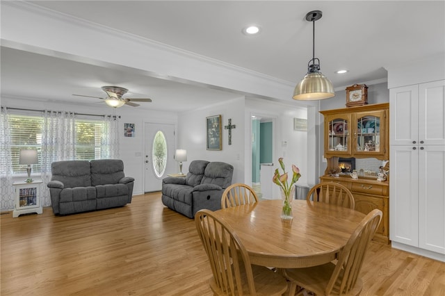 701 Durham Brown Rd, Seneca, SC 29678 - dining area with ornamental molding, light wood finished floors, a ceiling fan, and recessed lighting
