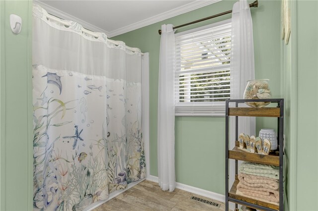 701 Durham Brown Rd, Seneca, SC 29678 - bathroom with ornamental molding and a shower with curtain