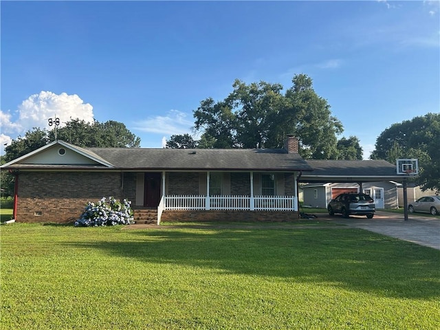 412 Bishop Branch Rd, Pendleton, SC 29670 - ranch-style home with a porch, concrete driveway, a front lawn, and an attached carport