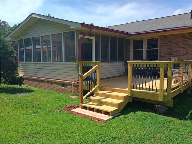 412 Bishop Branch Rd, Pendleton, SC 29670 - rear view of property featuring a sunroom, roof with shingles, a deck, and a yard