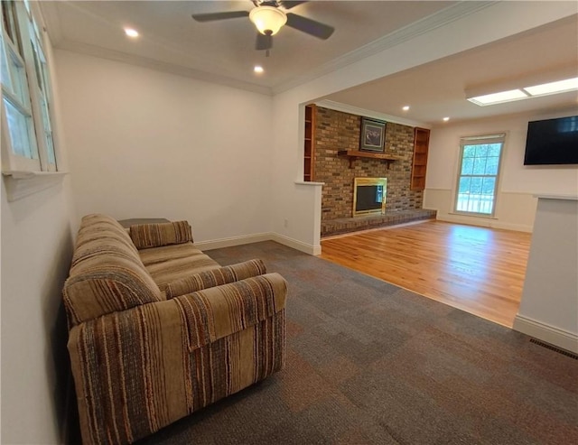 412 Bishop Branch Rd, Pendleton, SC 29670 - living area featuring a fireplace, carpet flooring, ceiling fan, ornamental molding, and recessed lighting