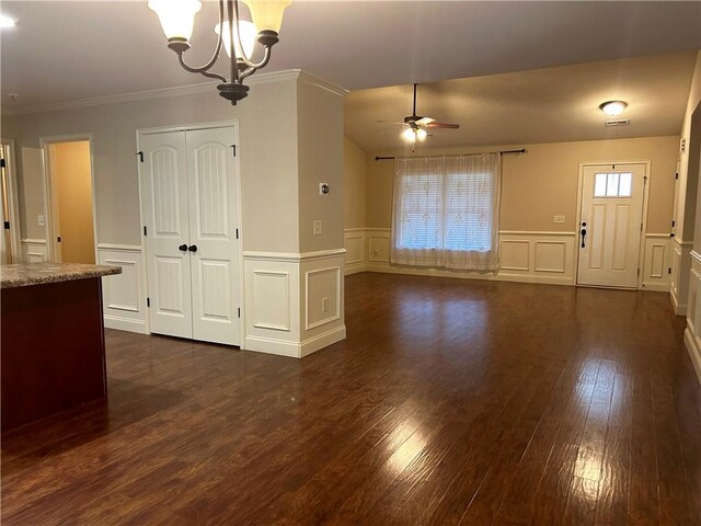 1016 Sand Palm Way, Anderson, SC 29621 - unfurnished dining area with ceiling fan, dark wood-style floors, a decorative wall, a chandelier, and a wainscoted wall