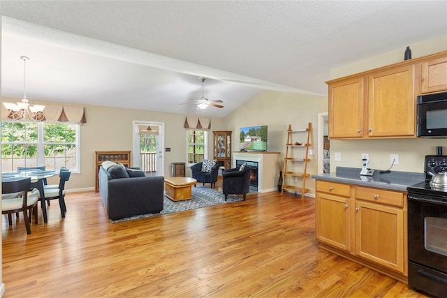 518 Pecan Grove Rd, Seneca, SC 29672 - kitchen featuring black appliances, a lit fireplace, a chandelier, light wood finished floors, and dark countertops