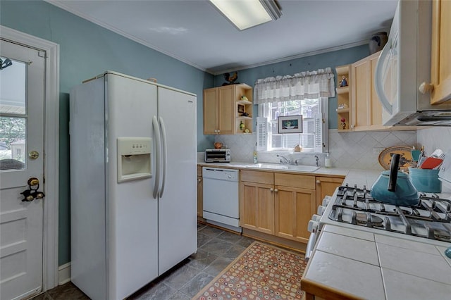 118 Glenwood Ave, Anderson, SC 29625 - kitchen featuring white appliances, open shelves, plenty of natural light, backsplash, and crown molding