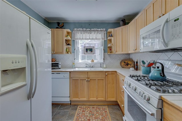 118 Glenwood Ave, Anderson, SC 29625 - kitchen with white appliances, open shelves, light countertops, tasteful backsplash, and ornamental molding