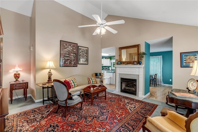 118 Grand Oak Cir, Pendleton, SC 29670 - living area with a ceiling fan, light carpet, high vaulted ceiling, and a fireplace with flush hearth
